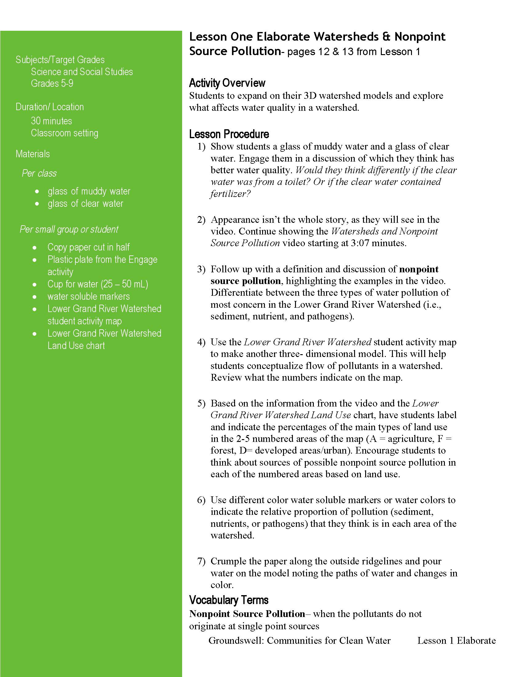 Cover page from Lesson One Elborate - Watersheds and Nonpoint Source Pollution